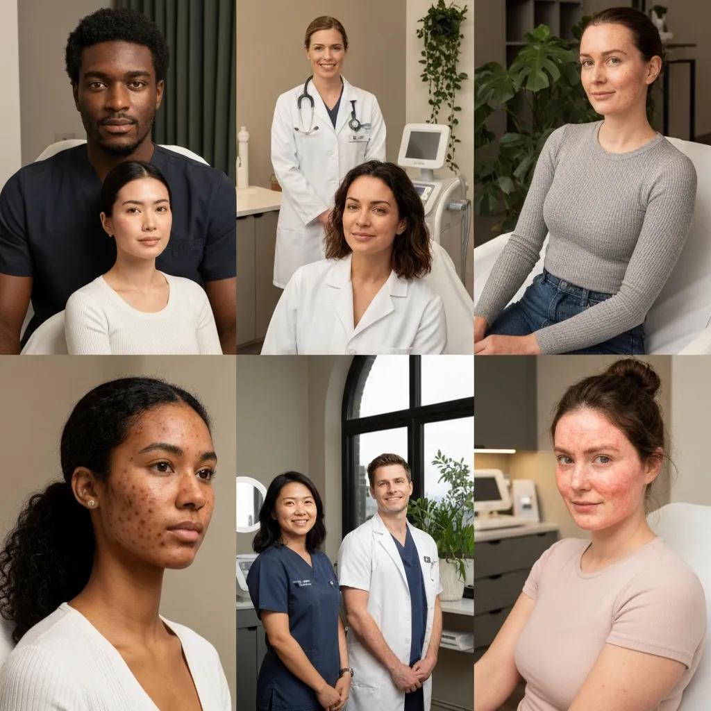 Diverse group of individuals in a clinic setting, representing various skin types and conditions treated by non-invasive lasers