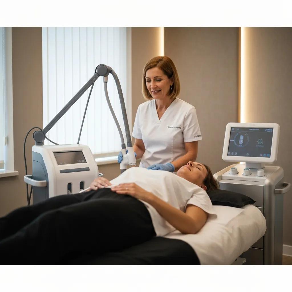 Patient receiving non-invasive laser treatment in a modern cosmetic clinic, highlighting advanced technology and professional care