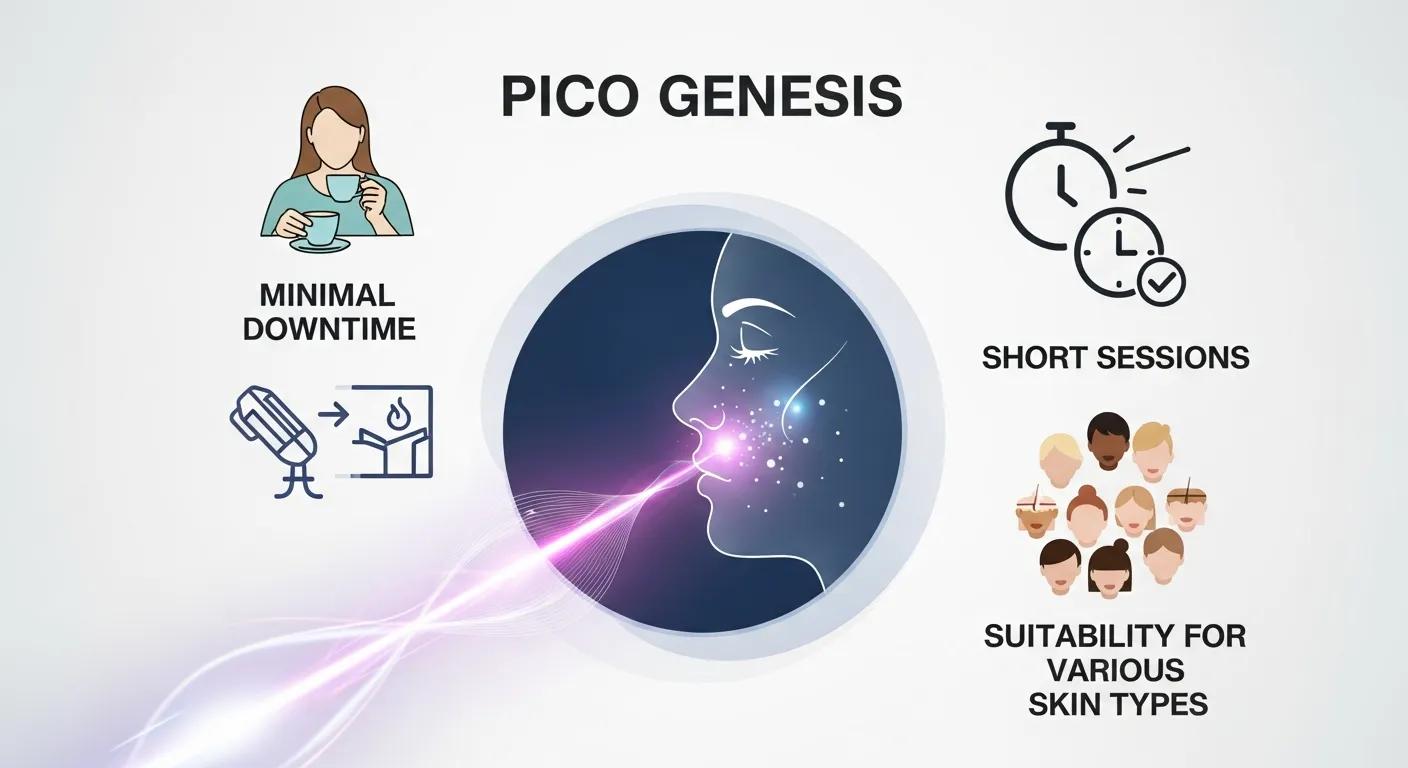 Graphic representation of the benefits of PICO Genesis laser treatment, highlighting minimal downtime, short sessions, and suitability for various skin types
