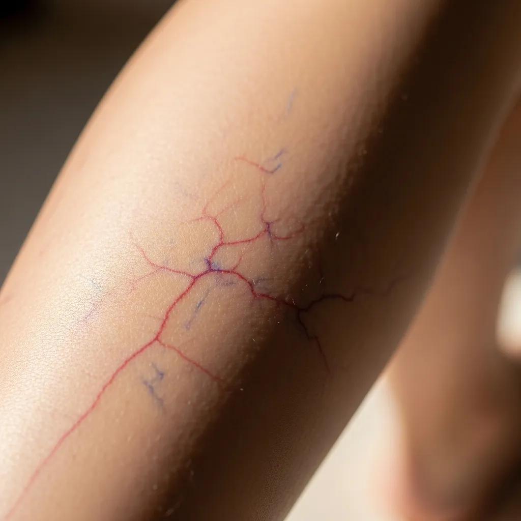 Close-up of spider veins on a leg, highlighting symptoms and appearance