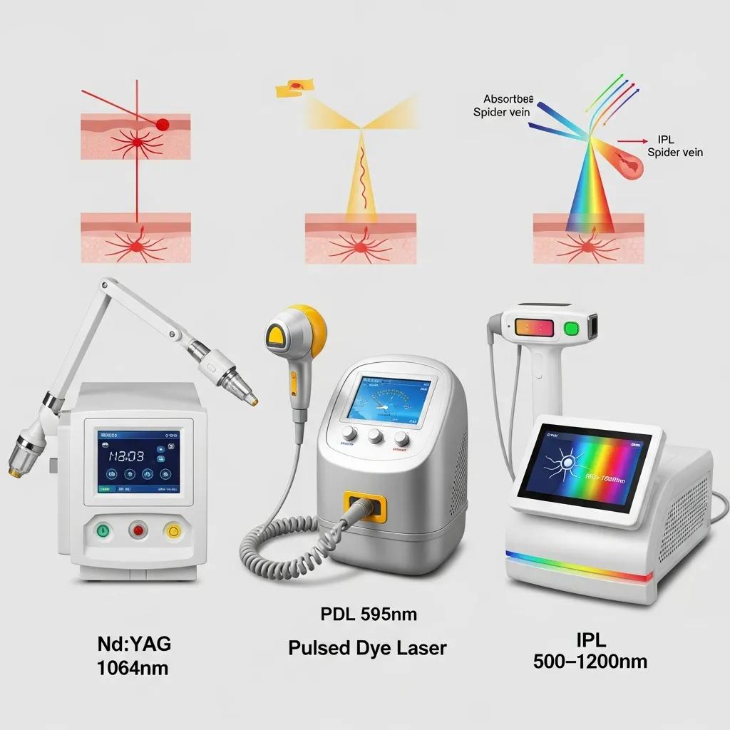 Comparison of laser technologies for spider vein treatment, featuring Nd:YAG, Pulsed Dye Laser, and IPL devices